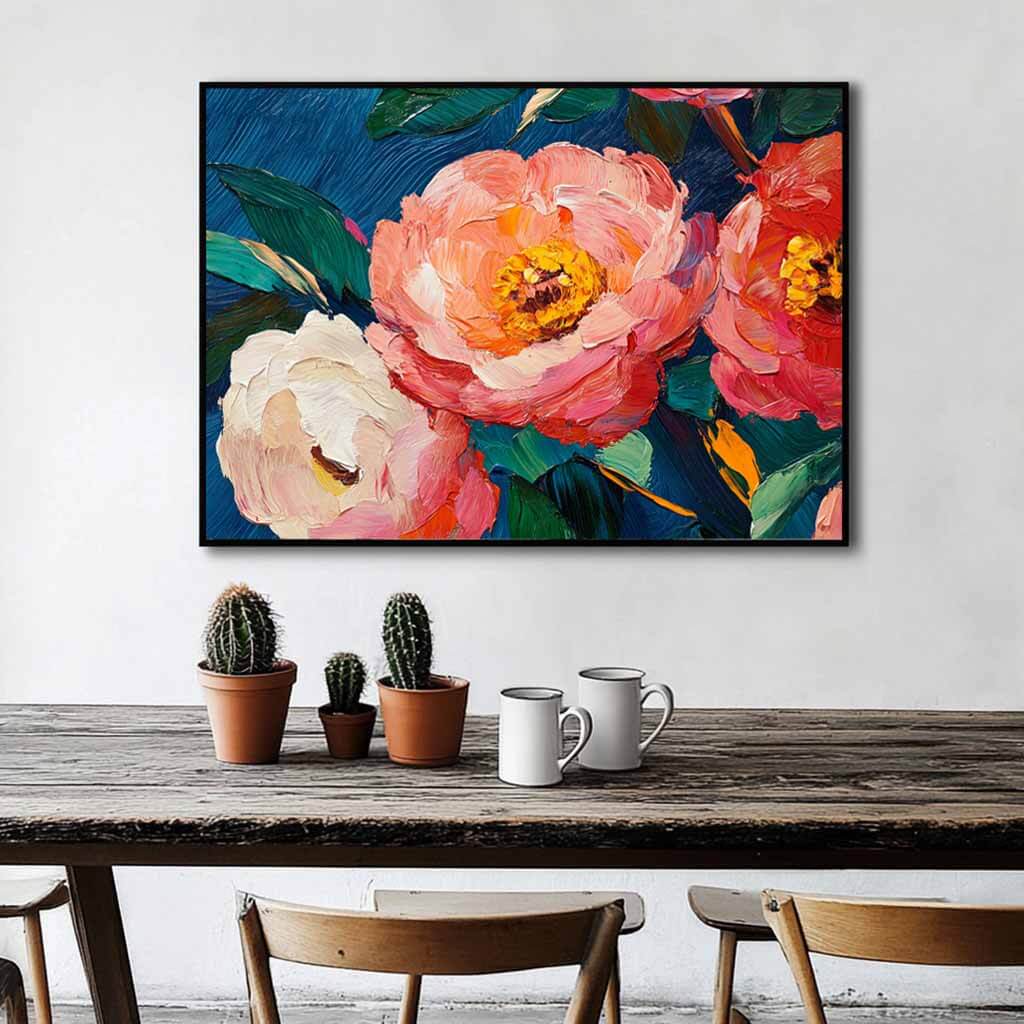 Pink Peony on Navy Blue Canvas | Floral Oil Painting Art #AA 340