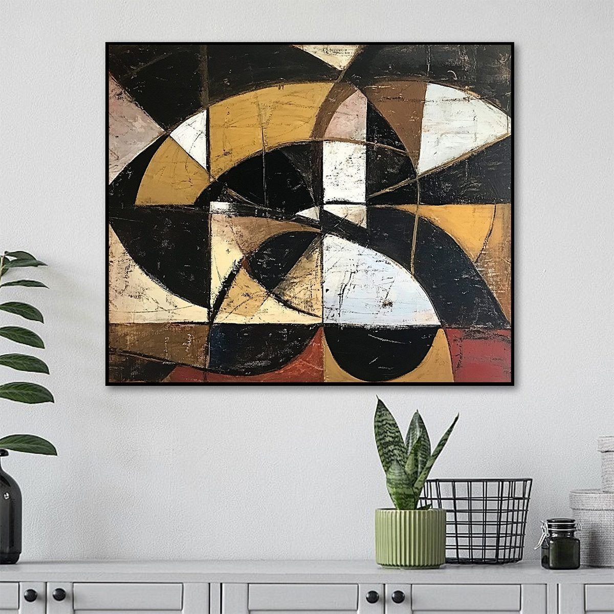 Cubist Inspired Abstract Art | Black & Gold Geometric Paintings #AA 092