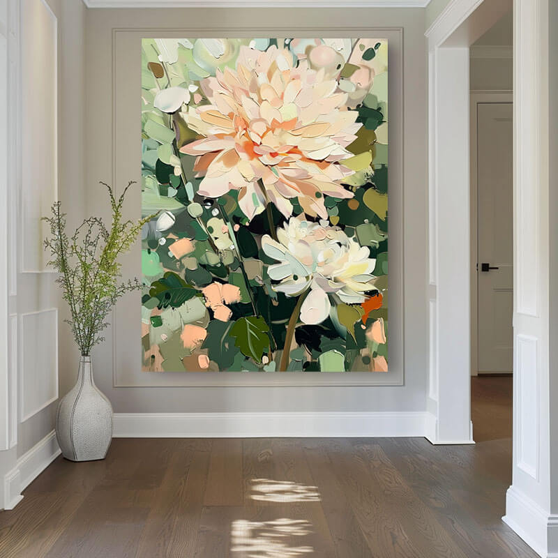 Peach Dahlia Canvas Wall Art | Vertical Floral Oil Painting #AA 342
