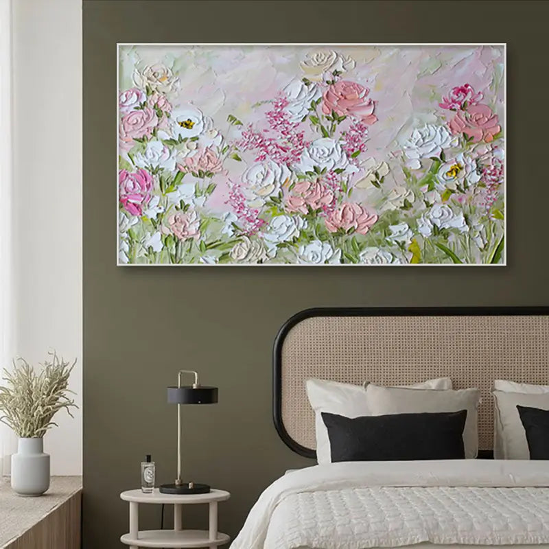 Textured Floral Painting | Pink White Impasto Flower Wall Art Decor #JJ 099