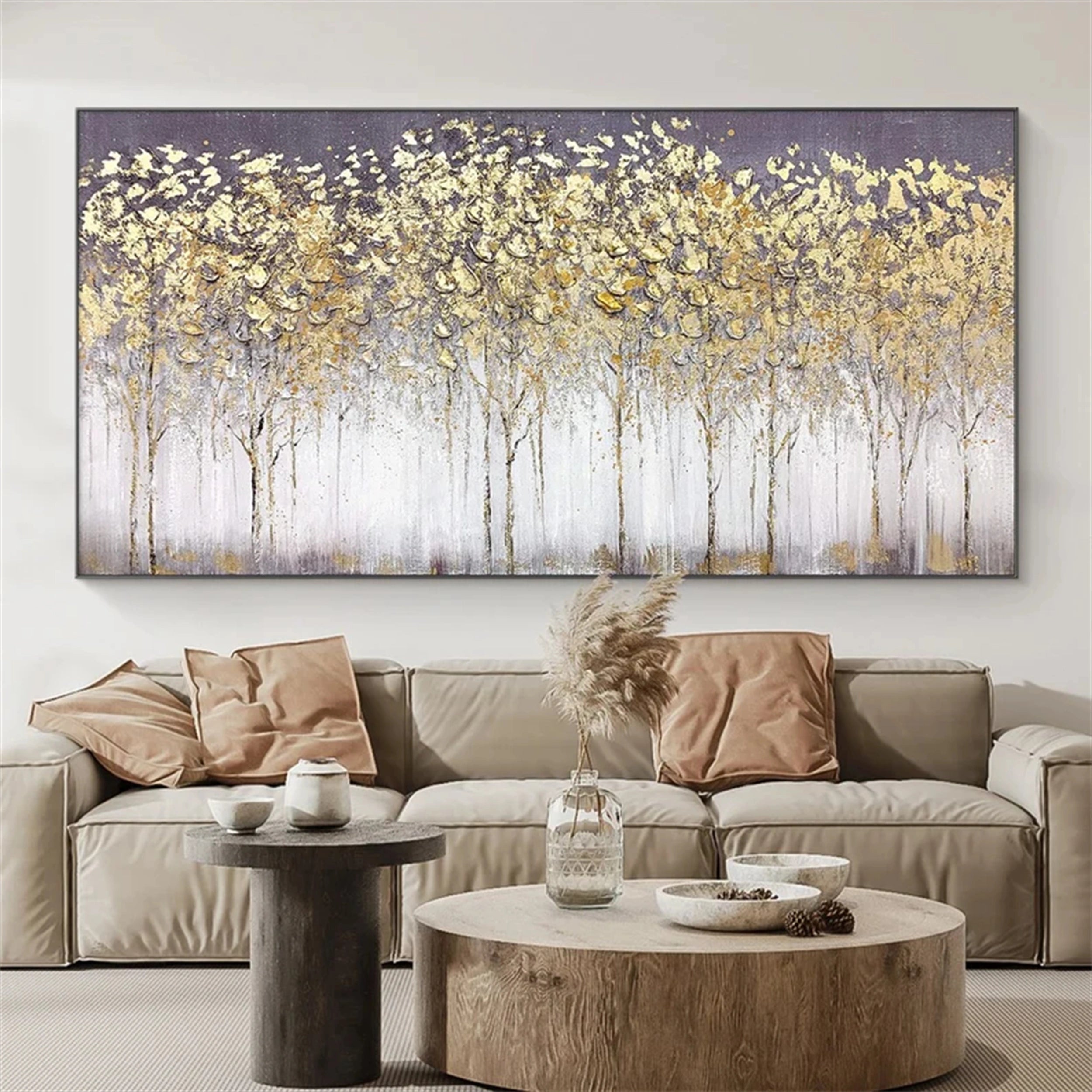 Textured Gold Tree Painting | Large Panoramic Abstract Forest Art #JJ 100