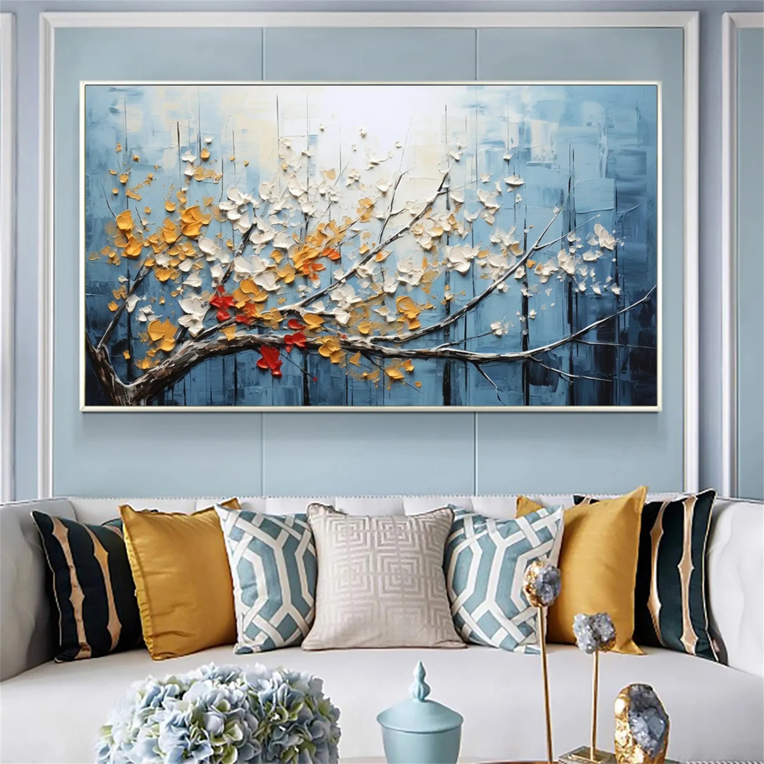 Textured Floral Wall Art | Large Blue Gold Blossom Branch Painting #ZZ 141