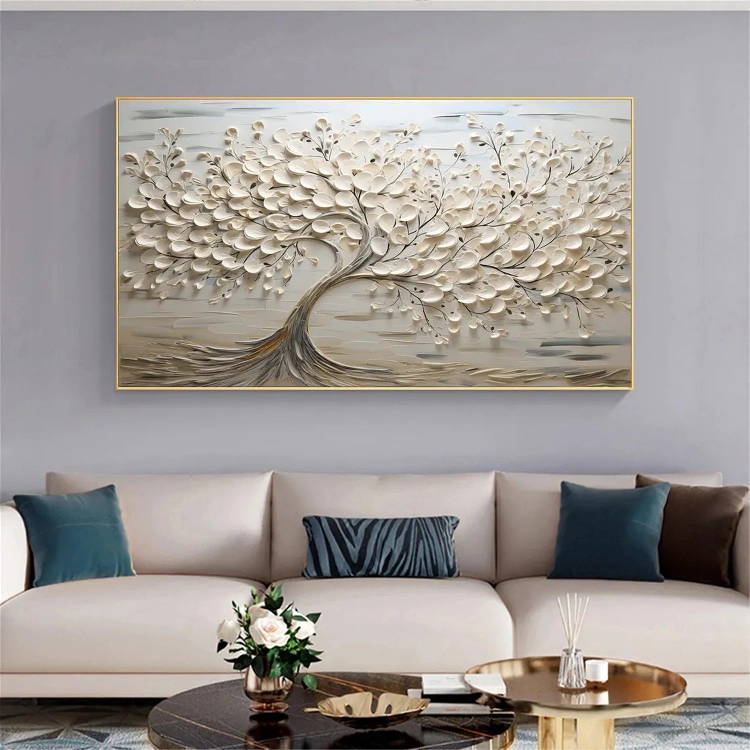 Oversized Abstract Tree Painting | Beige Textured Horizontal Wall Art Decor #ZZ 142