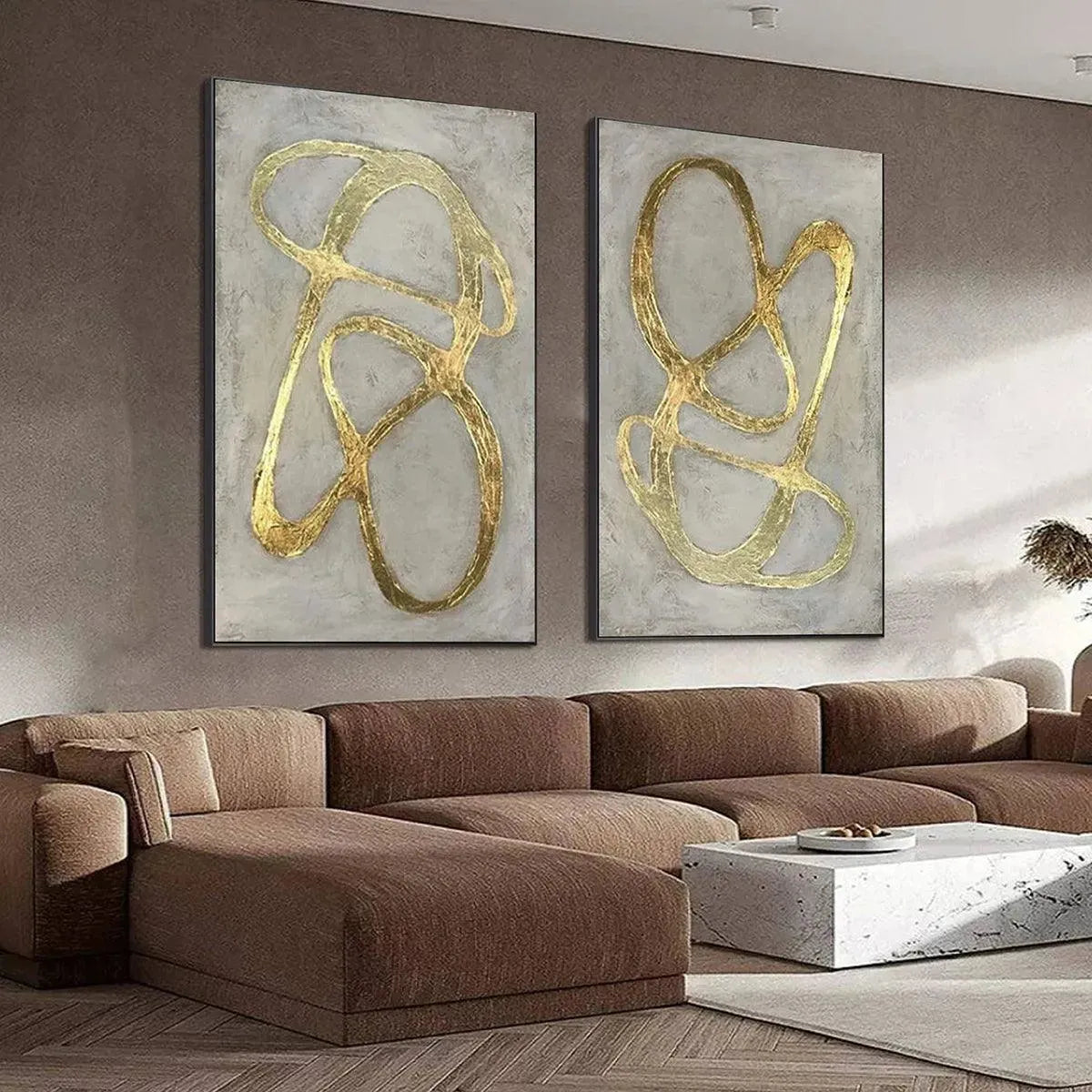 Gold Ribbon Abstract Diptych | Modern Line Art Painting #AA 209
