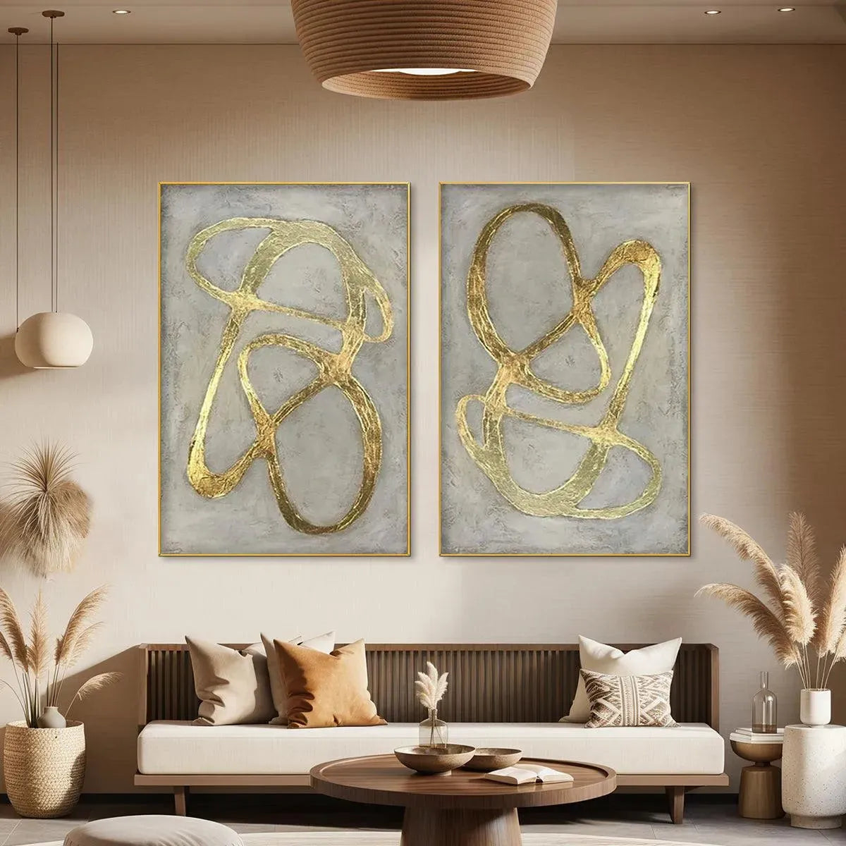 Gold Ribbon Abstract Diptych | Modern Line Art Painting #AA 209