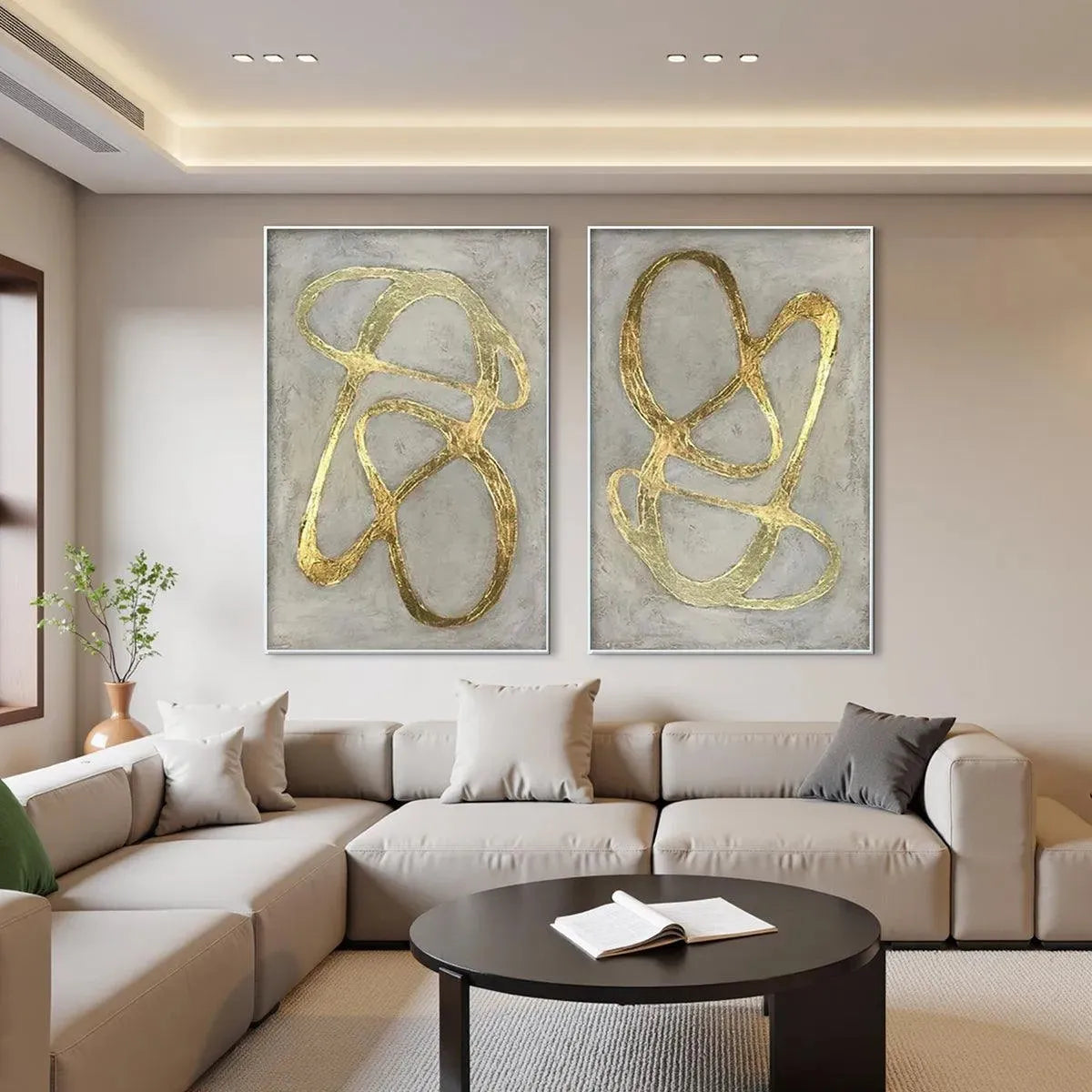 Gold Ribbon Abstract Diptych | Modern Line Art Painting #AA 209