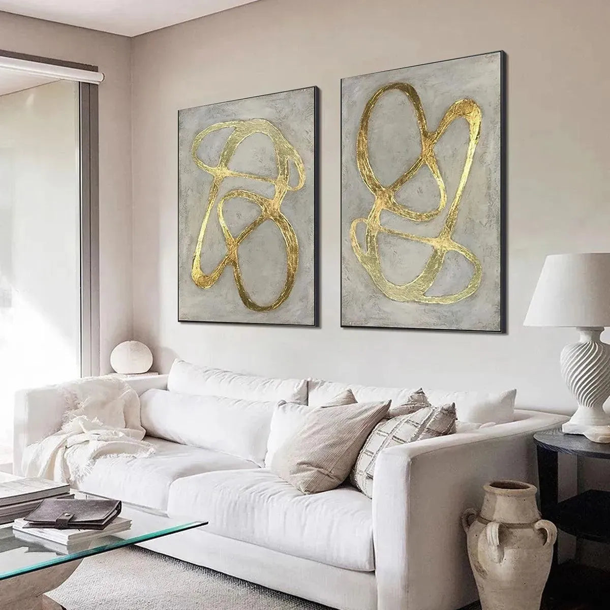 Gold Ribbon Abstract Diptych | Modern Line Art Painting #AA 209