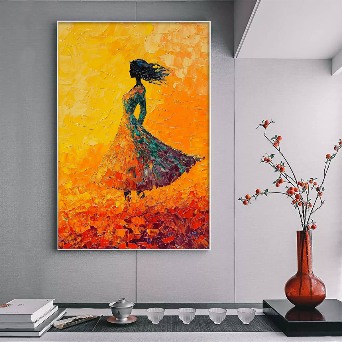 Fiery Woman in Orange Dress Painting | Vibrant Wall Decor #AA 112