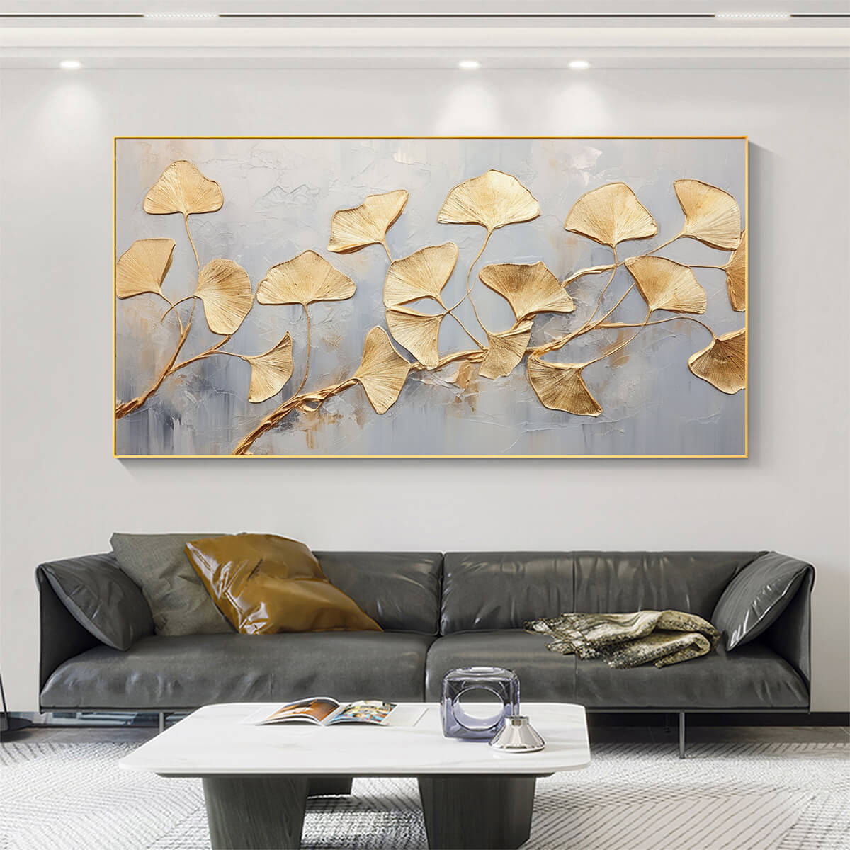 Golden Ginkgo Leaf Canvas Wall Art - Panoramic Grey & Gold Print #AA 332