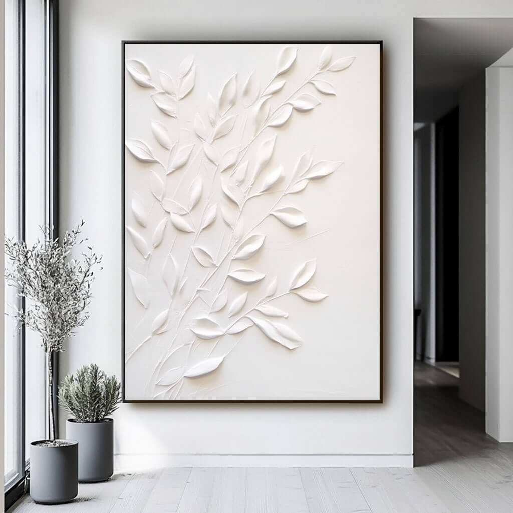 3D Textured White Leaf Wall Art | Minimalist Plaster Style Decor #AA 318