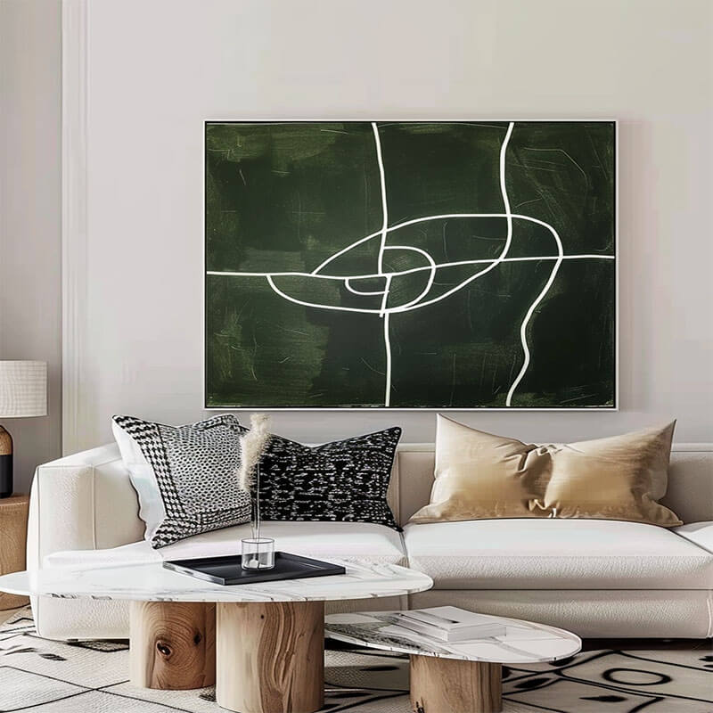 Dark Green Minimalist Wall Art | Abstract White Line Canvas #AA 370
