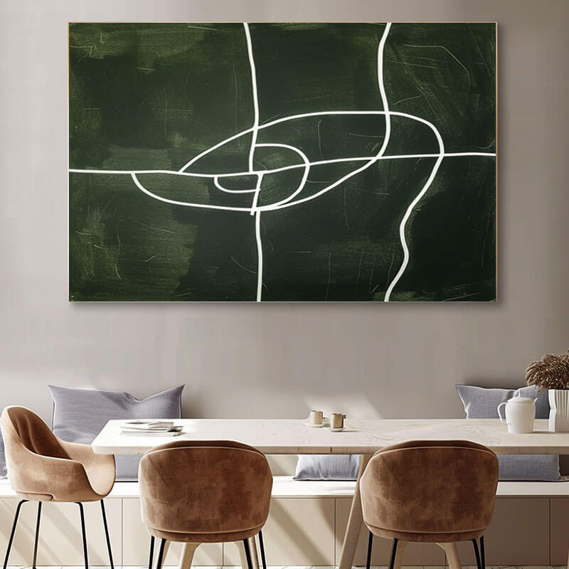 Dark Green Minimalist Wall Art | Abstract White Line Canvas #AA 370