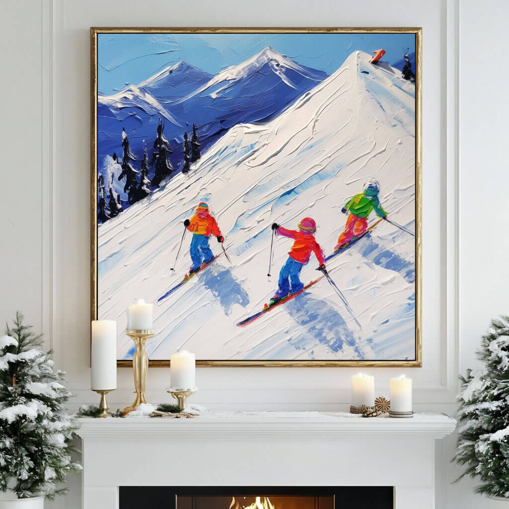 Colorful Skiers on Snowy Mountain Canvas Art | Winter Sports Decor #AA 347