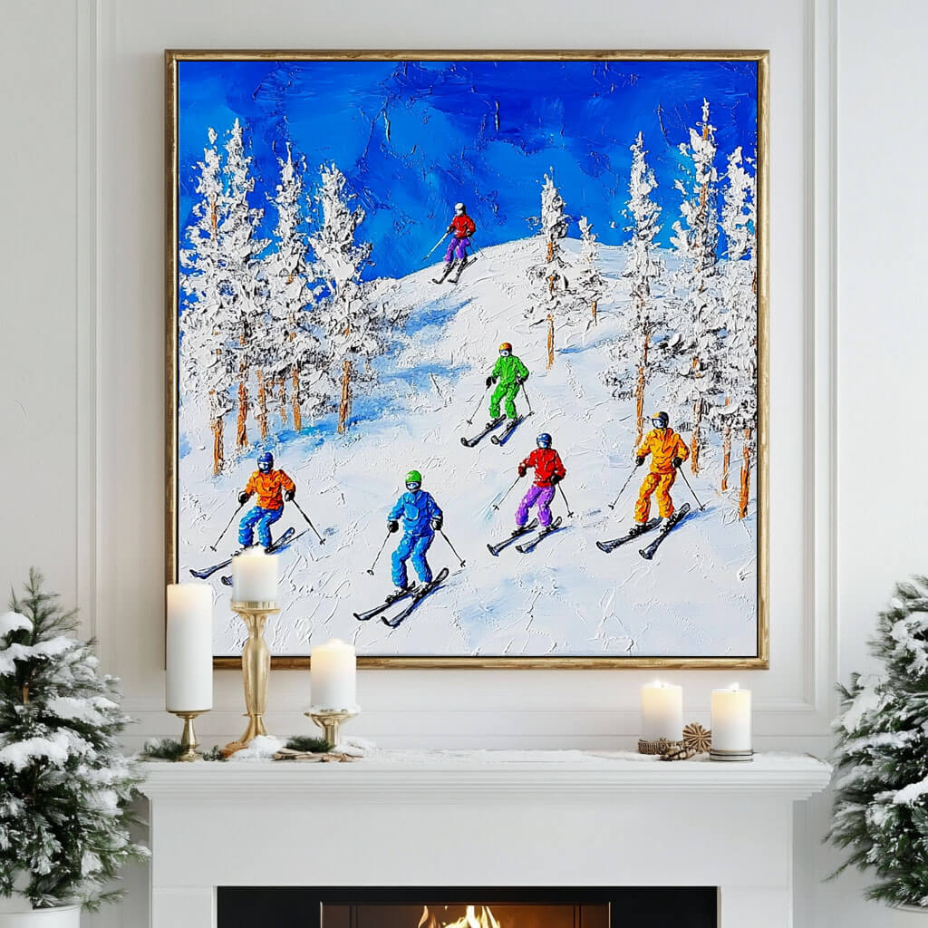Colorful Skiers on Snowy Mountain Canvas Art | Winter Sports Decor #AA 371