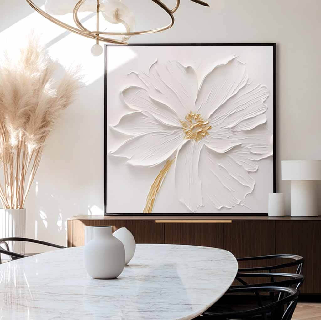 Minimalist White Wall Art - Serene Floral Painting for Bedroom #JJ 430