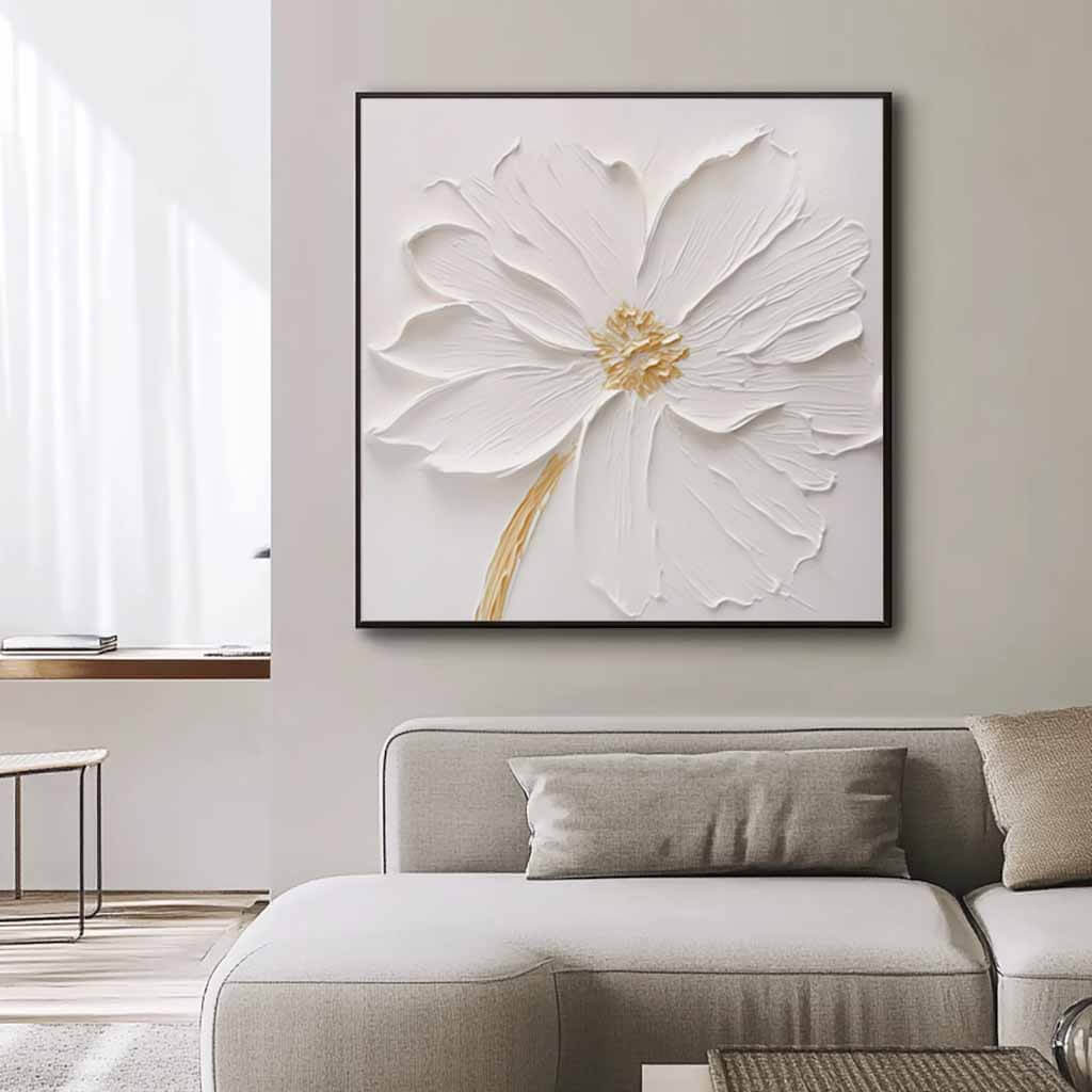 Minimalist White Wall Art - Serene Floral Painting for Bedroom #JJ 430