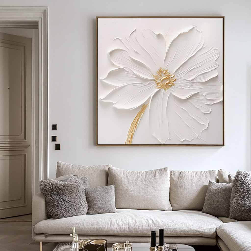Minimalist White Wall Art - Serene Floral Painting for Bedroom #JJ 430