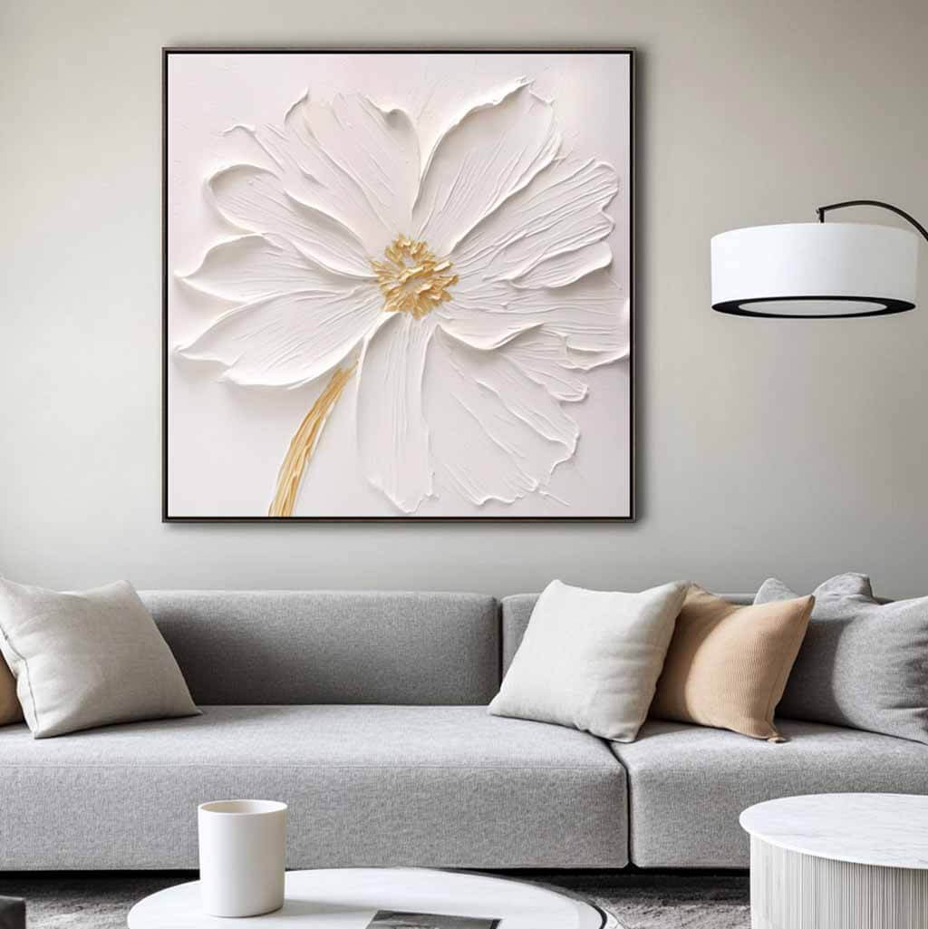 Minimalist White Wall Art - Serene Floral Painting for Bedroom #JJ 430