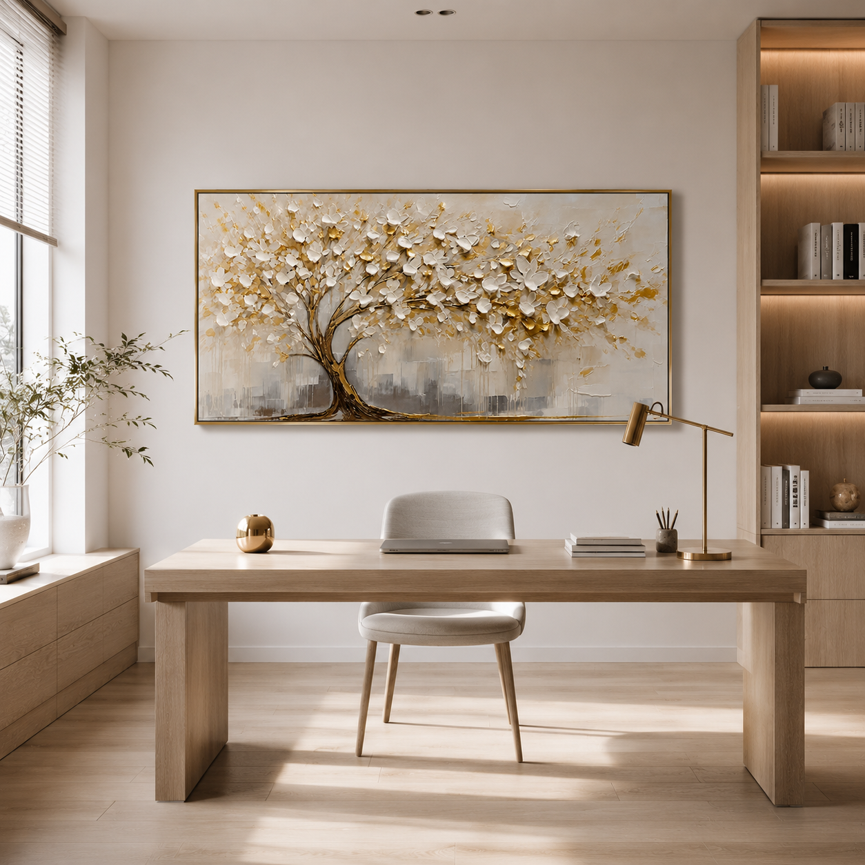 Golden Serenity Tree – White Blossom Textured Wall Art