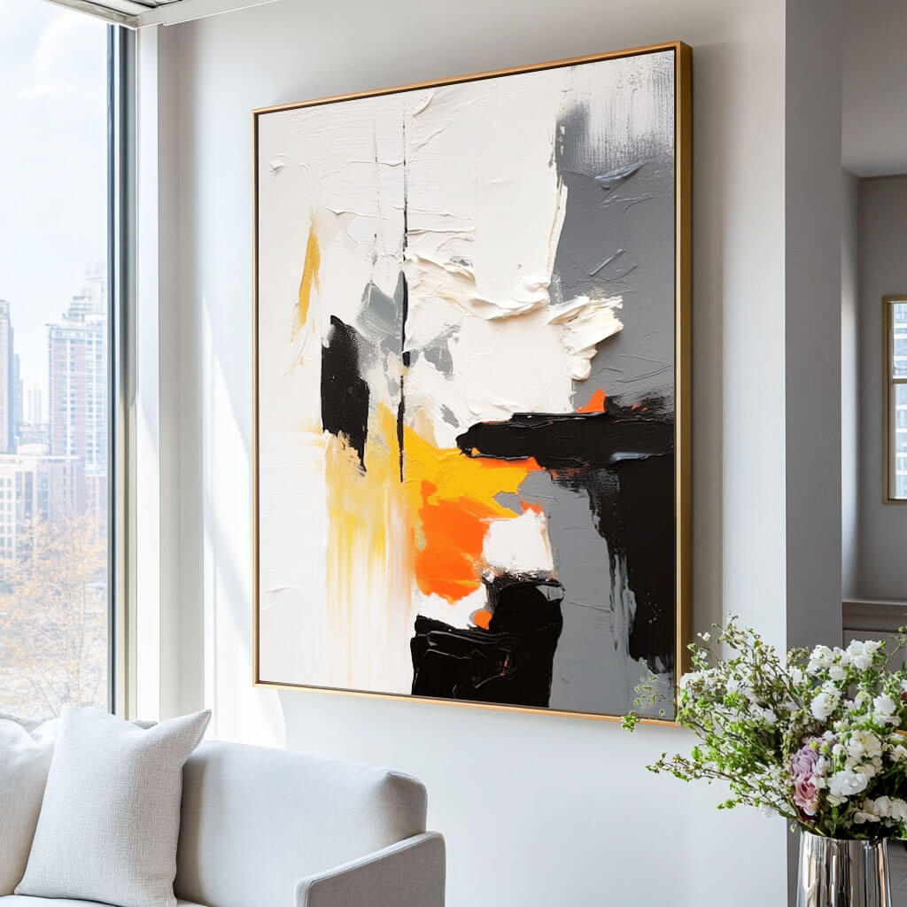 Black, White & Orange Abstract Art | Modern Textured Painting #AA 065