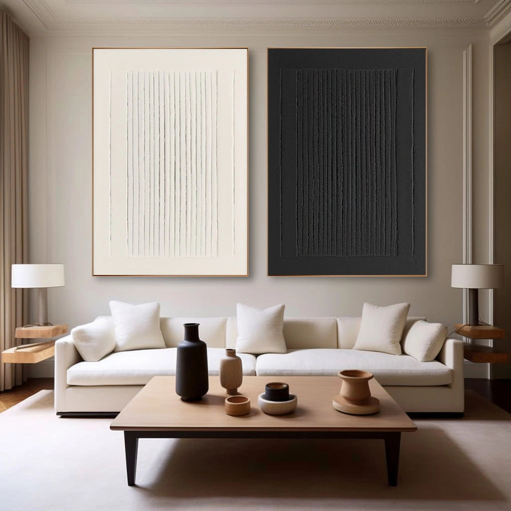 Minimalist Textured Linear Art | Black and White Stripe Canvas Pair #JJ 086