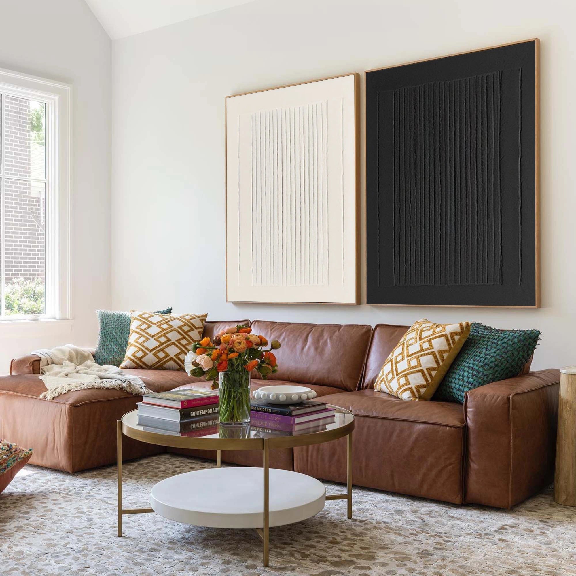 Minimalist Textured Linear Art | Black and White Stripe Canvas Pair #JJ 086