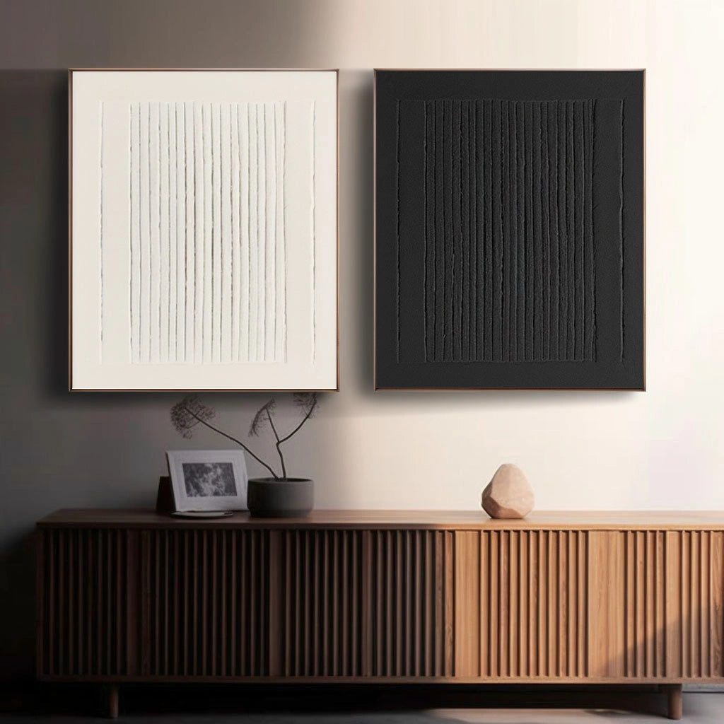 Minimalist Textured Linear Art | Black and White Stripe Canvas Pair #JJ 086