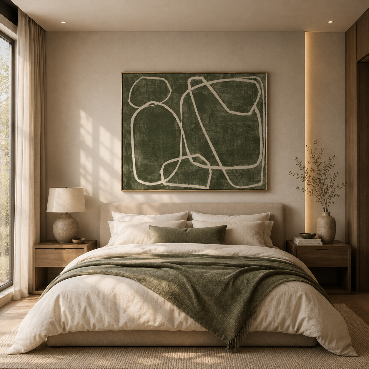 Olive Silence – Minimalist Abstract Line Wall Art for Organic Modern Interiors