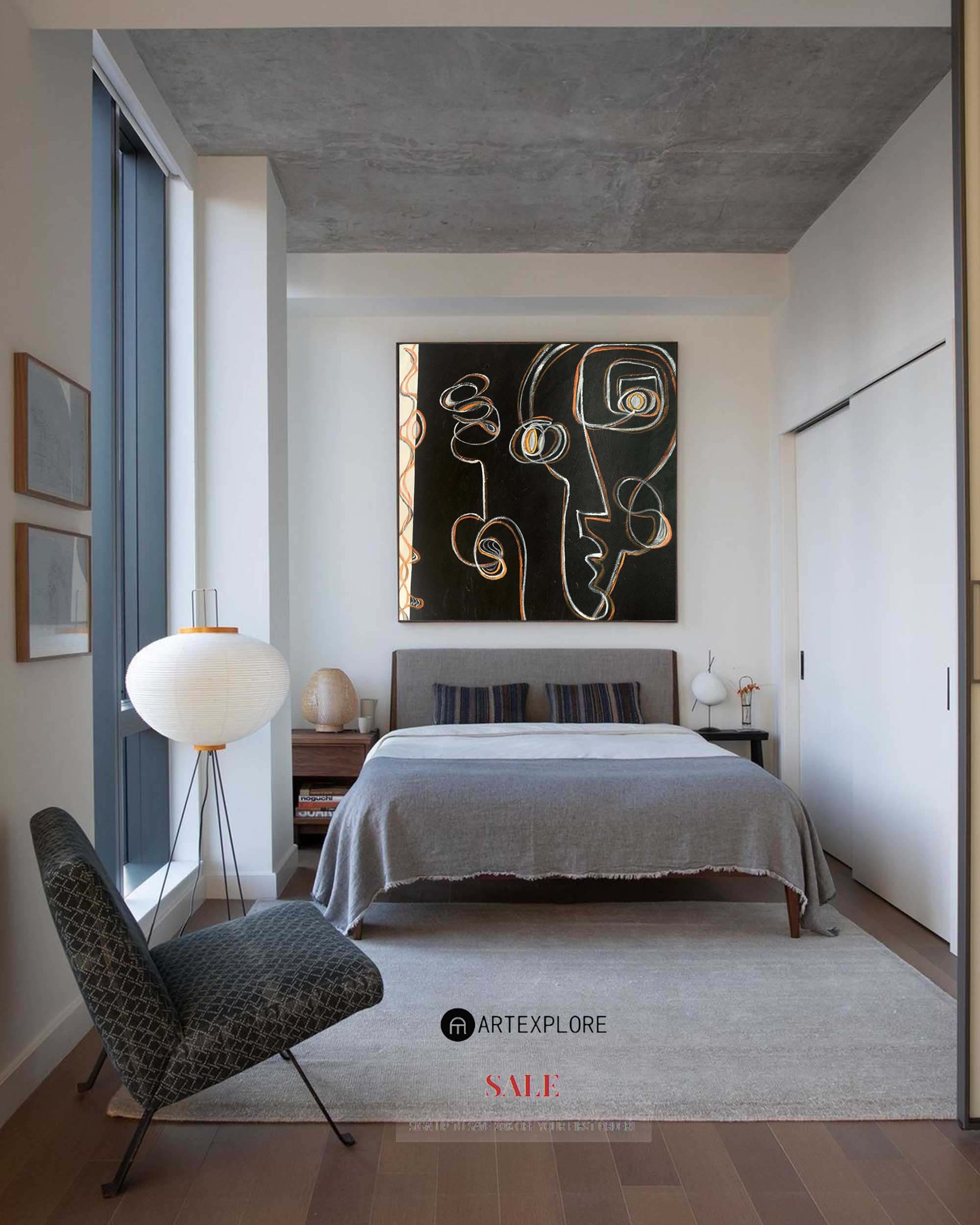 Abstract Line Art on Black Canvas | Modern Scribble Painting #AA 393