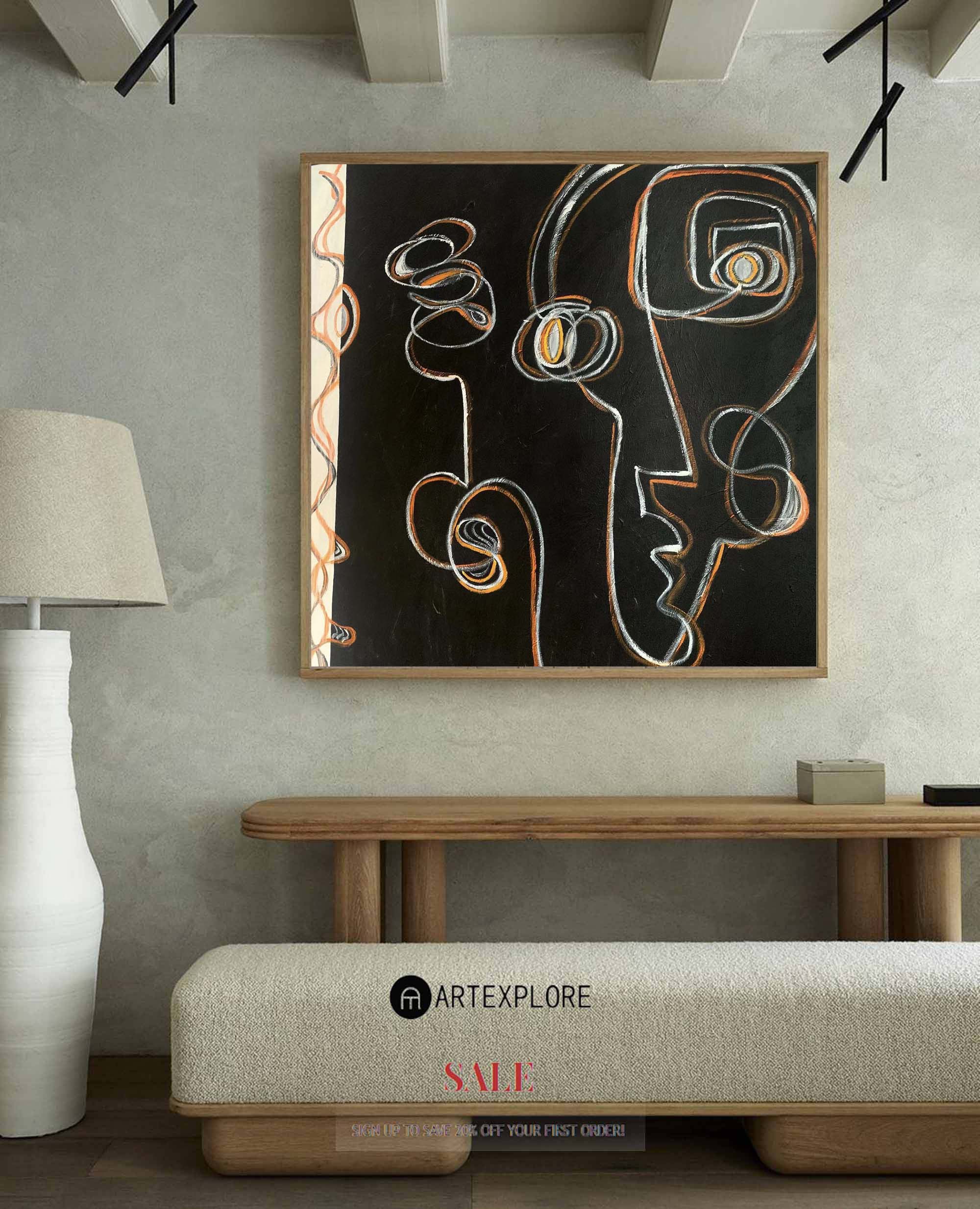 Abstract Line Art on Black Canvas | Modern Scribble Painting #AA 393