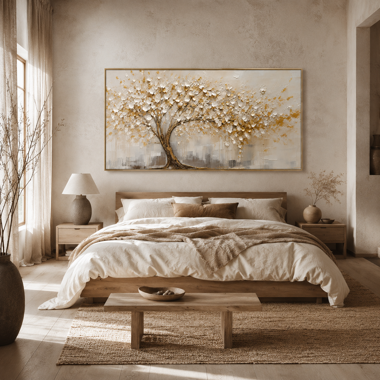 Golden Serenity Tree – White Blossom Textured Wall Art