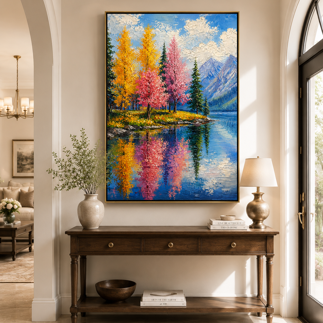 Alpine Blossom Reflection – Hand Painted Colorful Mountain Lake Landscape Oil Painting | Large Nature Wall Art