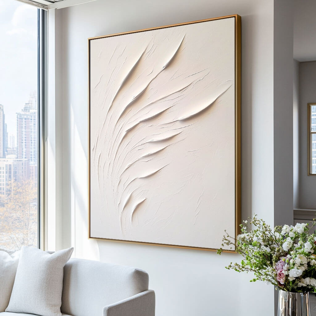 Minimalist White Reeds Textured Canvas Art | Modern Relief Painting #JJ 435