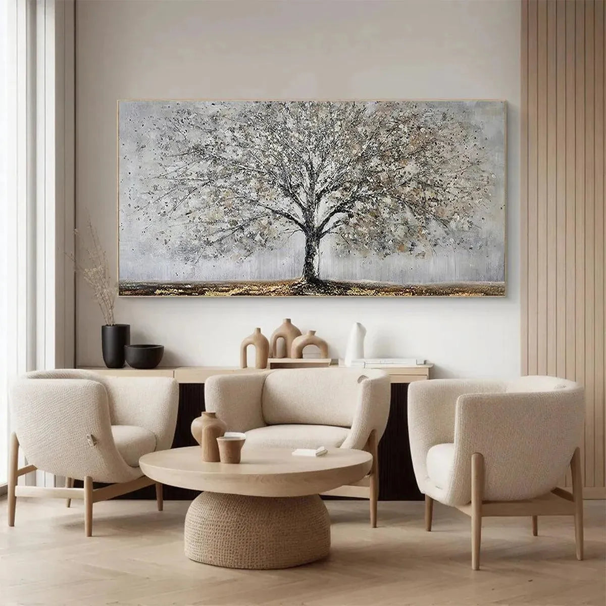 Silver and Grey Tree Canvas Wall Art | Neutral Panoramic Print #AA 394