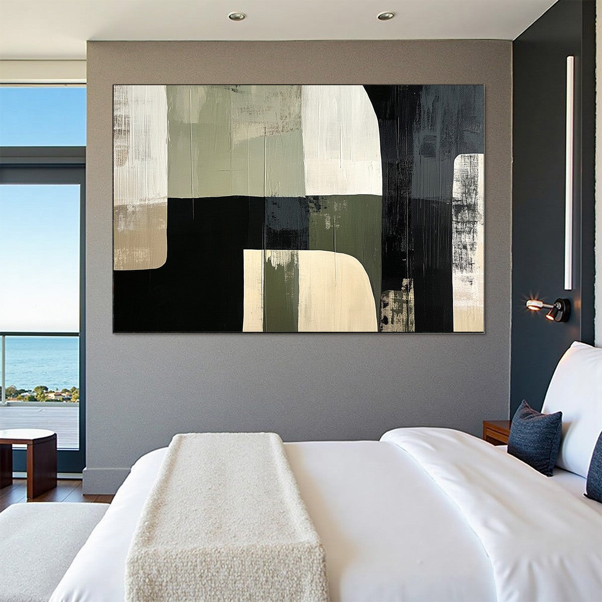 Textured Abstract Painting | Green, Black & Beige Canvas #AA 216