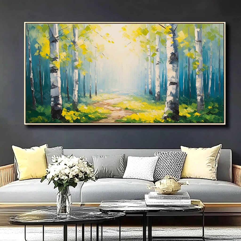 Sunny Birch Forest Canvas Wall Art | Nature Landscape Print #AA 375