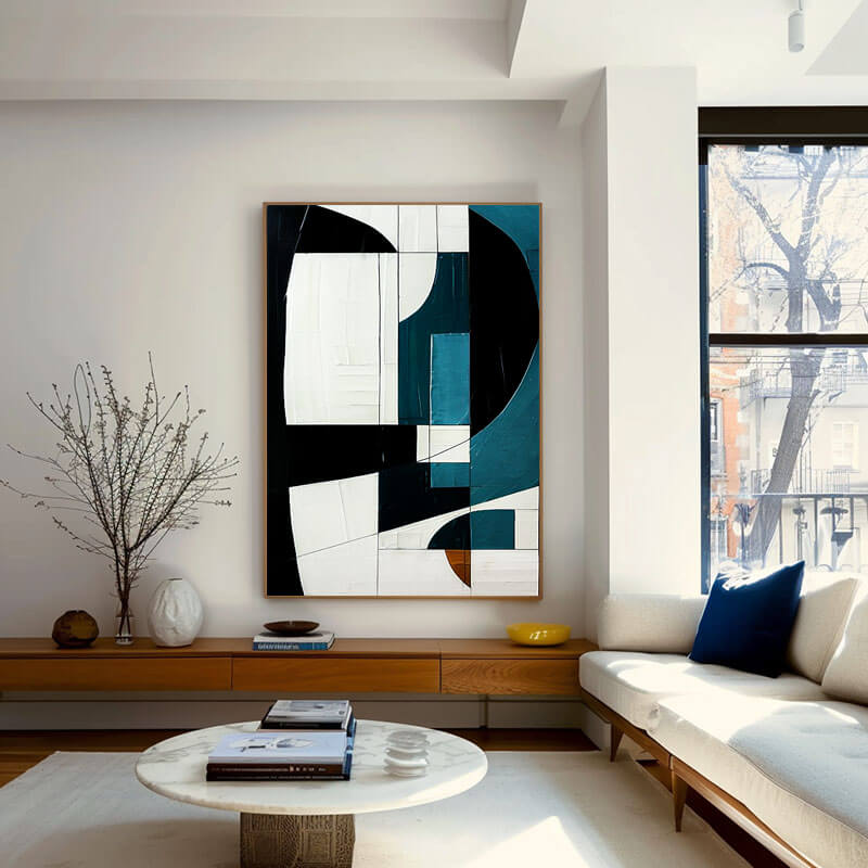 Modern Geometric Art | Black, White & Teal Canvas Painting #AA 042