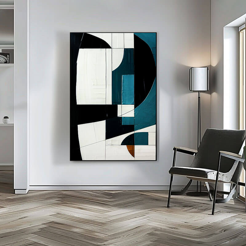 Modern Geometric Art | Black, White & Teal Canvas Painting #AA 042