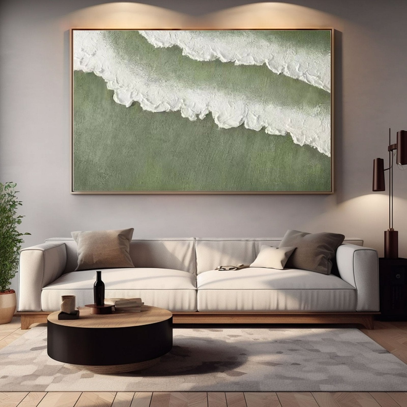 Large Green Abstract Canvas Art – Modern Textured Ocean Wave Painting #TC 233