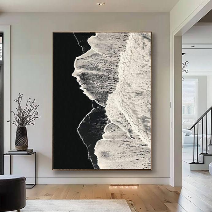 Black Sand Beach Aerial View Canvas Art | Abstract Ocean Waves #AA 381
