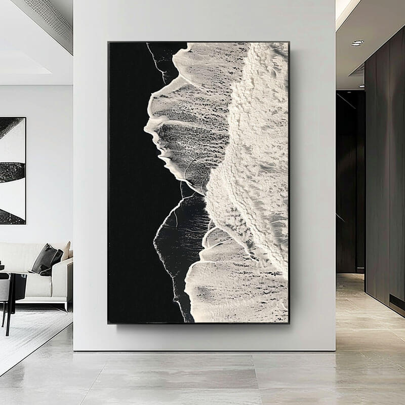 Black Sand Beach Aerial View Canvas Art | Abstract Ocean Waves #AA 381