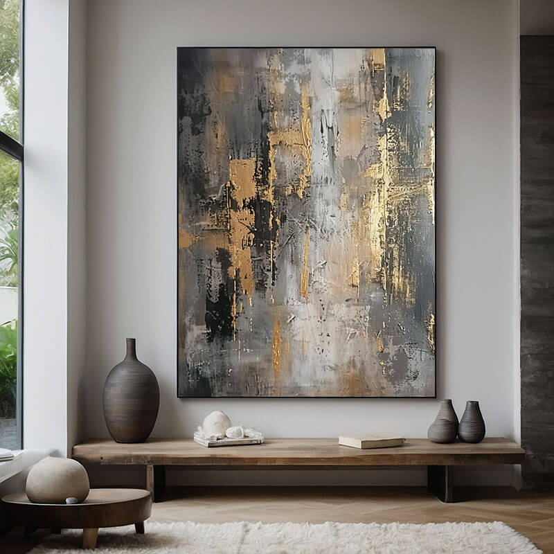 Black, Grey & Gold Abstract Canvas Wall Art | Gold Foil Decor #AA 365