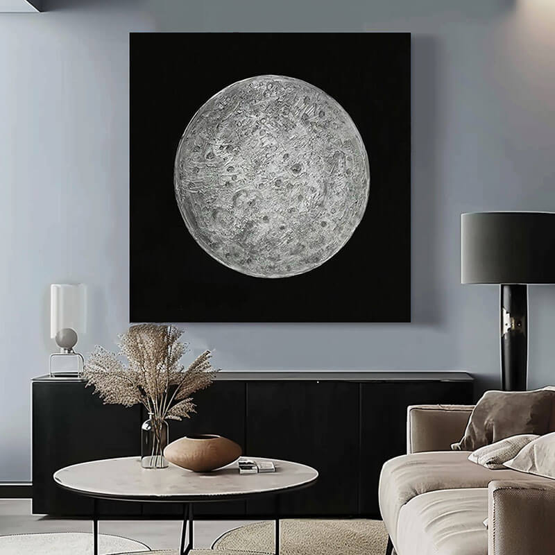 Textured 3D Full Moon Painting | Black & White Wall Art #AA 155