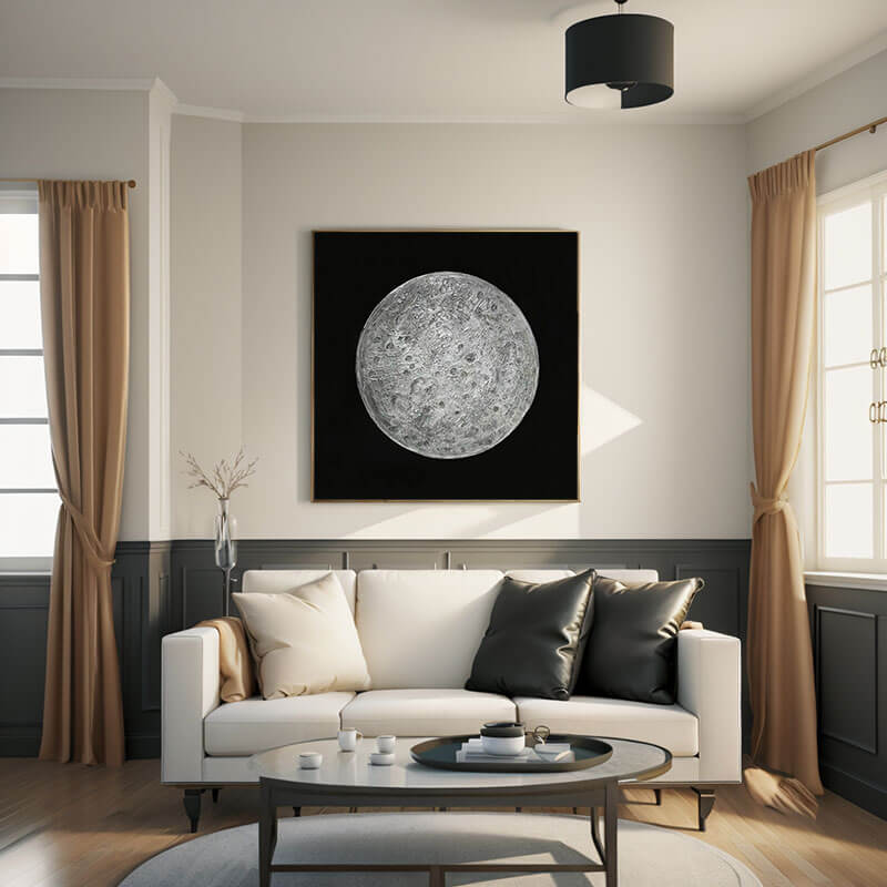 Textured 3D Full Moon Painting | Black & White Wall Art #AA 155