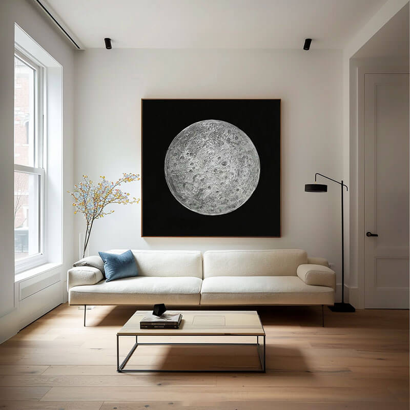 Textured 3D Full Moon Painting | Black & White Wall Art #AA 155