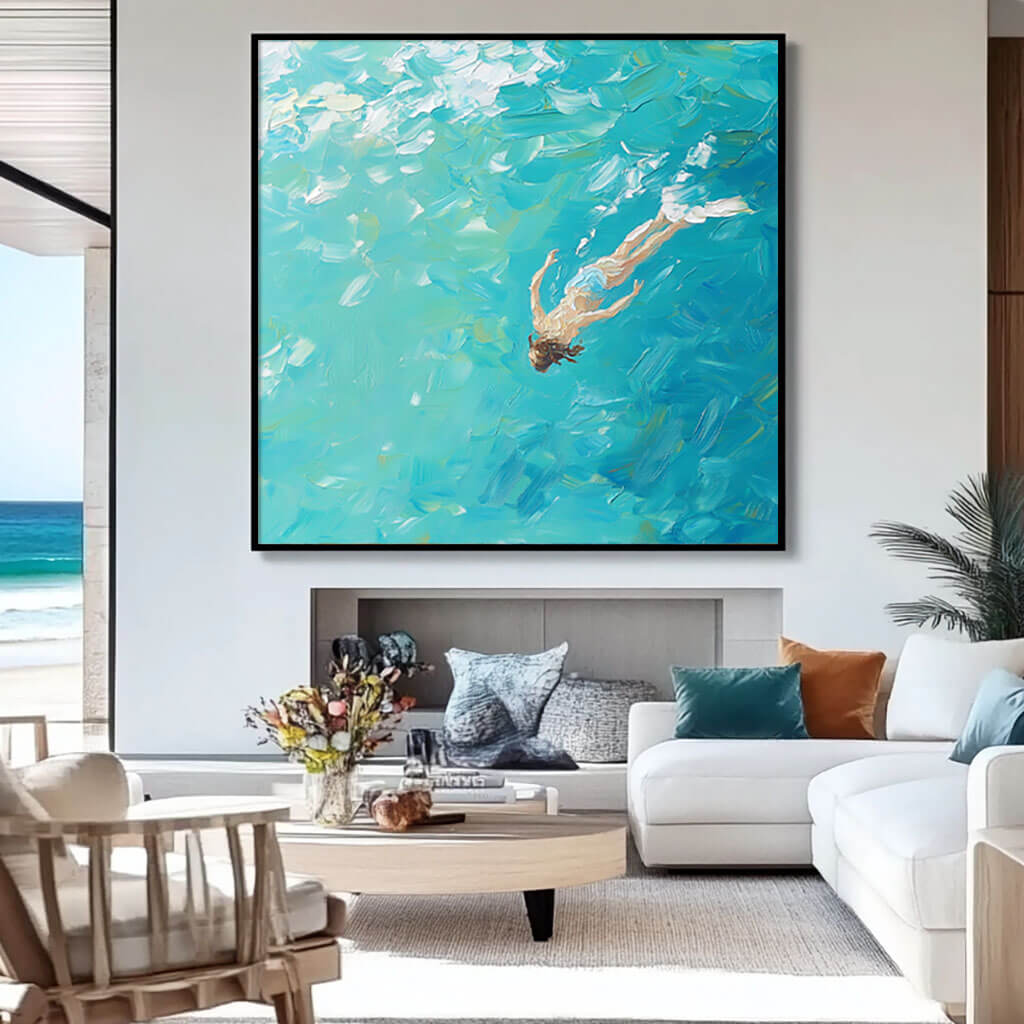 Textured Swimmer Painting | Impasto Ocean Wall Art #AA 071