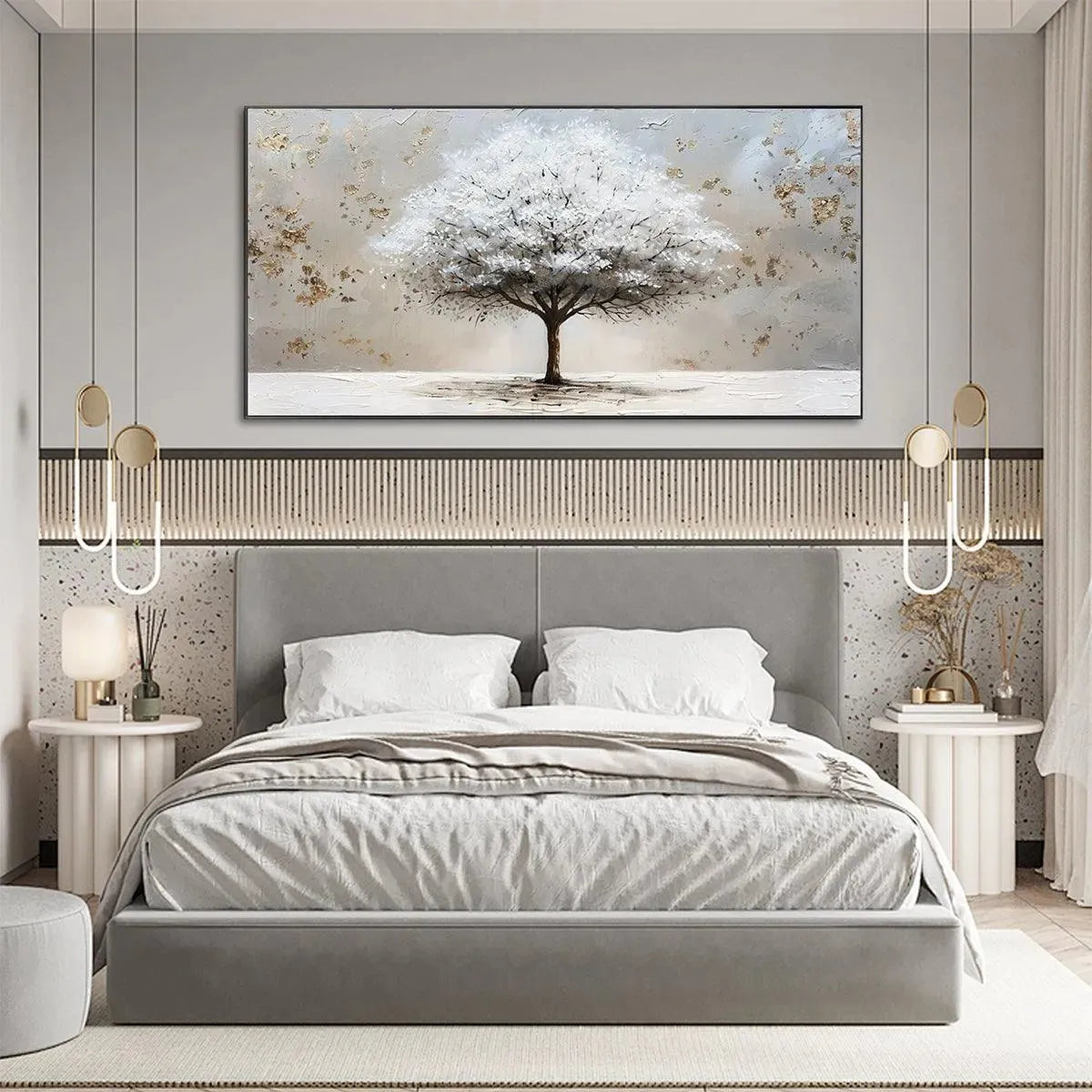 Large White Tree Canvas Wall Art with Gold Foil | Abstract Landscape #AA 382