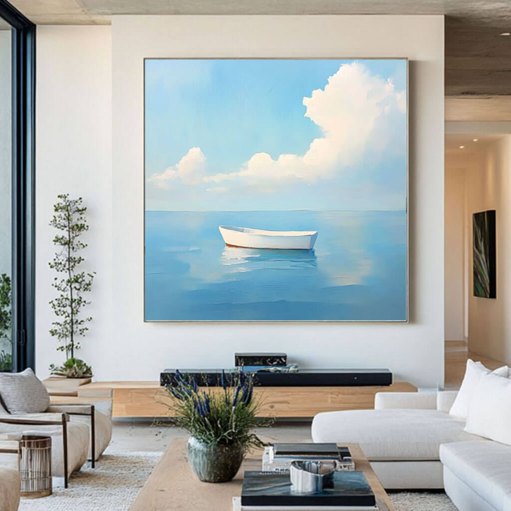 Serene Boat Painting | Calm Ocean Seascape Wall Art #AA 047