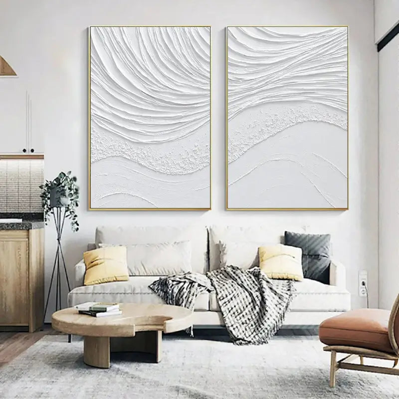 White Textured Wave Art Set | Coastal Abstract Canvas Diptych #JJ 088