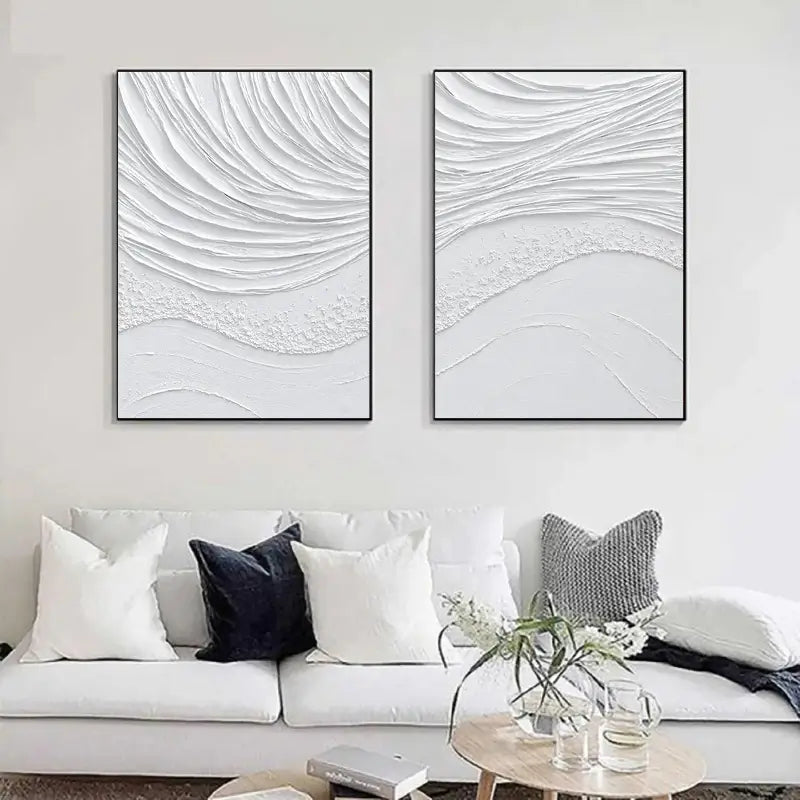White Textured Wave Art Set | Coastal Abstract Canvas Diptych #JJ 088